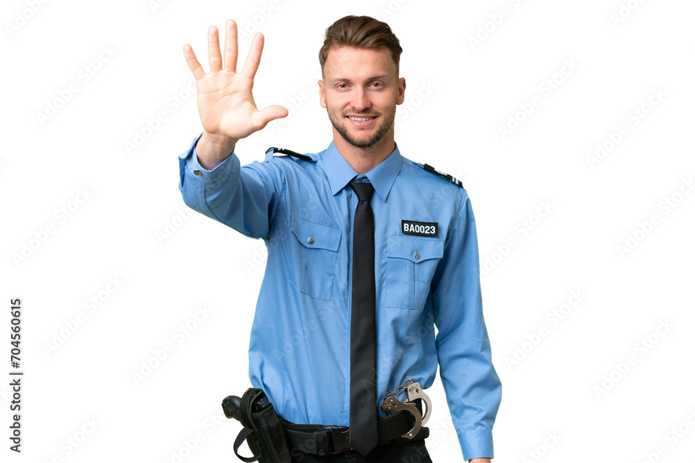 Wall mural Young police man over isolated background counting five with fingers