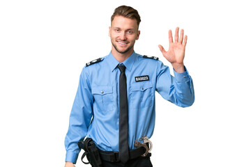 Young police man over isolated background saluting with hand with happy expression