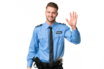Young police man over isolated background saluting with hand with happy expression
