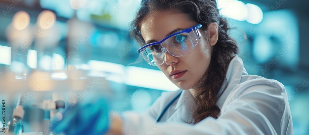 Poster female scientist working in diagnostic laboratory in testing unit.