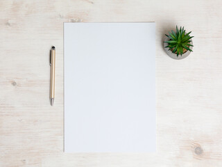 Paper A4 empty on wooden table with pen and plant. Office stationery mock up flat lay. - 704560874