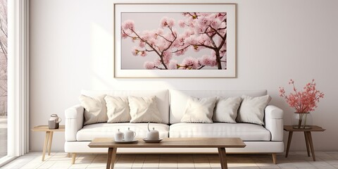 Modern room with cozy sofa and spring flowers on a table.