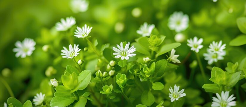 Close up photo of Mouse-ear Chickweed, small flowers discovered in an English lawn in May.
