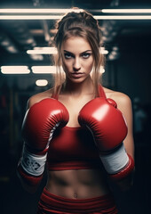 beautiful athletic girl boxer stands in a pose with her hands in boxing gloves near her face, ring, beautiful light, neon lighting, fitness, woman, strong, fight, sport