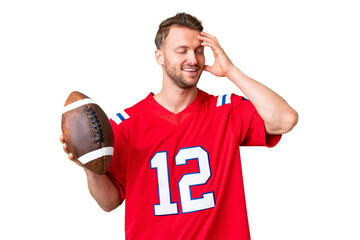 Young caucasian man playing rugby over isolated chroma key background smiling a lot