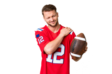 Young caucasian man playing rugby over isolated chroma key background suffering from pain in shoulder for having made an effort