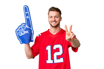 Young caucasian sports fan man over isolated chroma key background smiling and showing victory sign