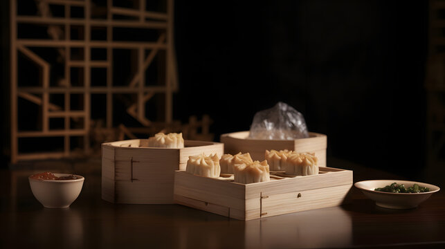 45 degree view of Prawn shrimp shaomai dim sum dumpling in bamboo steamer, Dim sum with shrimp on wooden plate on dark stone table macro close up
