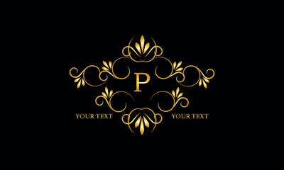 Luxury gold initial letter P monogram with frame ornament for boutique, beauty spa, hotel, resort, restaurant, jewelry, cosmetic logo design, wedding.