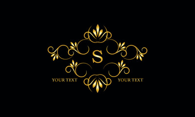 Luxury gold initial letter S monogram with frame ornament for boutique, beauty spa, hotel, resort, restaurant, jewelry, cosmetic logo design, wedding.