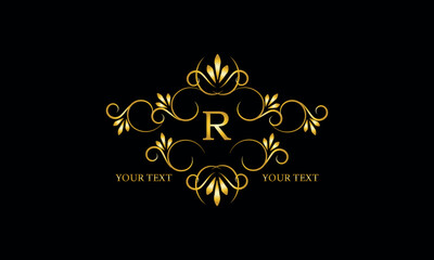 Luxury gold initial letter R monogram with frame ornament for boutique, beauty spa, hotel, resort, restaurant, jewelry, cosmetic logo design, wedding.