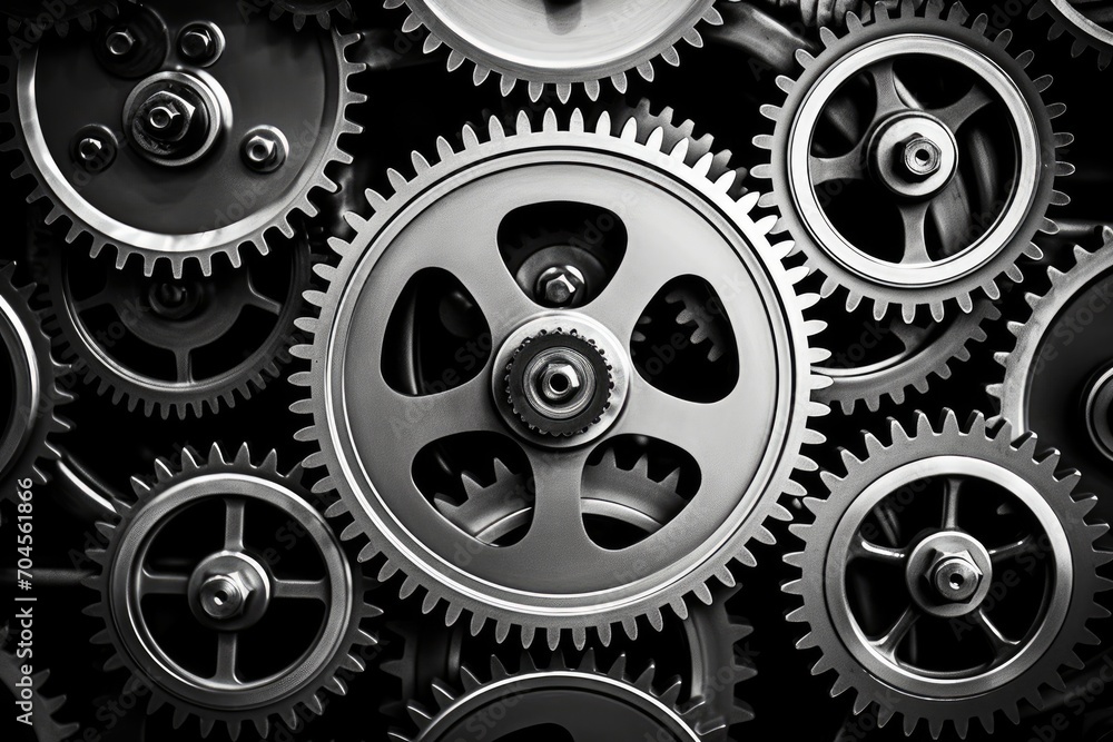Poster retro black and white background of industrial cogs or gears with movement