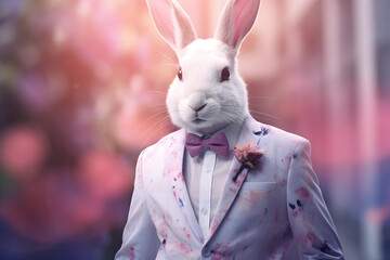 style rabbit in in a jacket,pink bow tie on a soft pink and lilac background