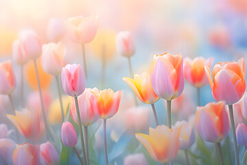 delicate pastel multicolor background with tulips.spring. women's day. March - obrazy, fototapety, plakaty
