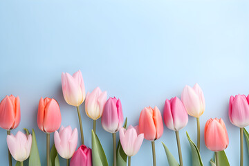 delicate pastel multicolor tulips on a blue flat background.spring. women's day. place for text - obrazy, fototapety, plakaty