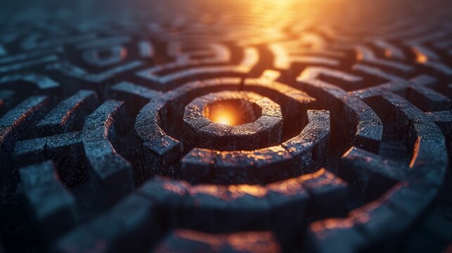 Strategic planning, abstract maze with a clear path leading to a shining goal, symbolizing business strategy and goal setting