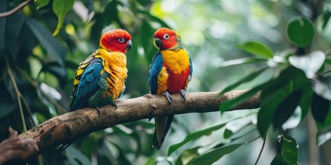 Obraz premium Tropical birds sitting on a tree branch in the rainforest