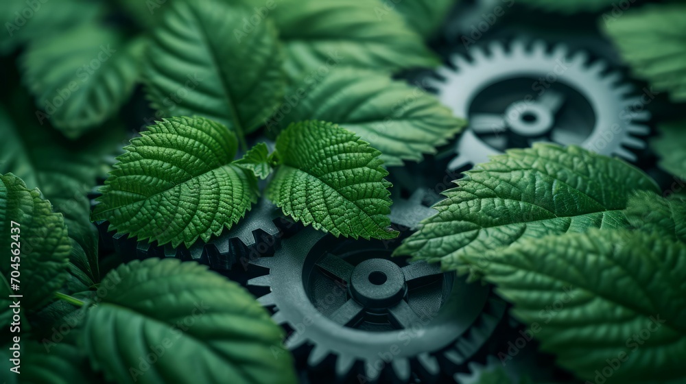 Poster Sustainability in business, abstract green leaves merging with industrial gears, symbolizing eco-friendly practices, natural and metallic textures