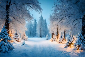 Winter forest background. Christmas trees decorated with garland lights  