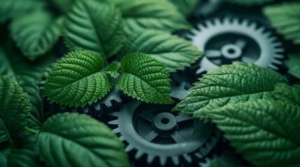 Sustainability in business, abstract green leaves merging with industrial gears, symbolizing eco-friendly practices, natural and metallic textures - obrazy, fototapety, plakaty