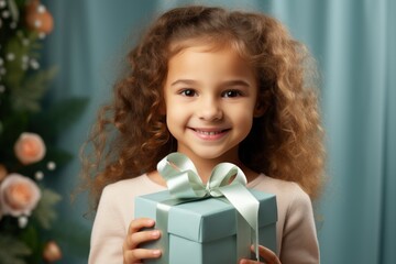 A little girl holds a birthday gift box on a green background.