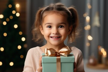 Fototapeta na wymiar A little girl holds a birthday gift box on a green background.