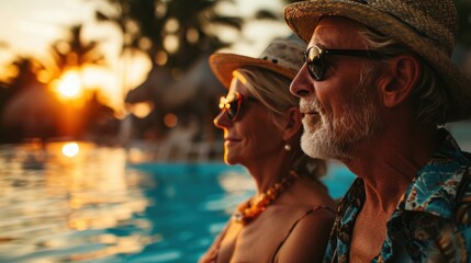 Senior traveler relaxing and enjoying the sunset by a tropical resort pool while traveling for summer vacation