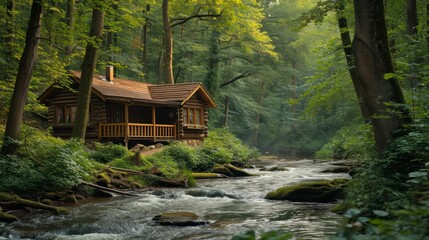 Tranquil forest cabin lifestyle, nestled in an ancient woodland, surrounded by tall trees and a gentle stream