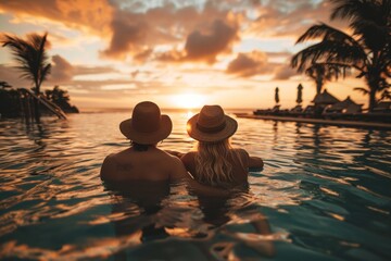 Tourist relaxes and enjoys sunset by tropical resort pool while traveling during summer vacation - obrazy, fototapety, plakaty