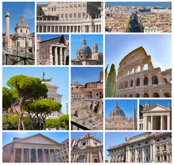 Rome famous landmarks collage. The set from best views of Rome, Italy, Europe.