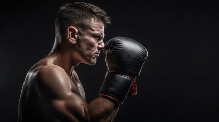 muscular handsome male boxer in boxing gloves on a black background, studio photo, portrait of an athlete, training, face, brutal, strong man