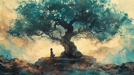 Yoga and meditation in nature, abstract figure in a yoga pose under a giant, ancient tree, spiritual and grounding - obrazy, fototapety, plakaty