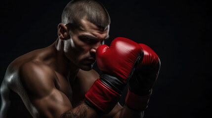 muscular handsome male boxer in boxing gloves on a black background, studio photo, portrait of an athlete, training, face, brutal, strong man