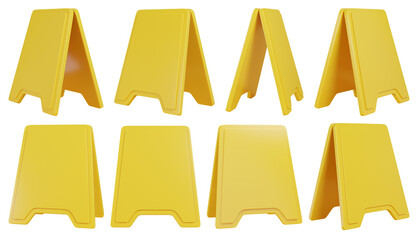 Yellow plastic warning sign template. Isolated wet floor caution board set. 3D rendering.