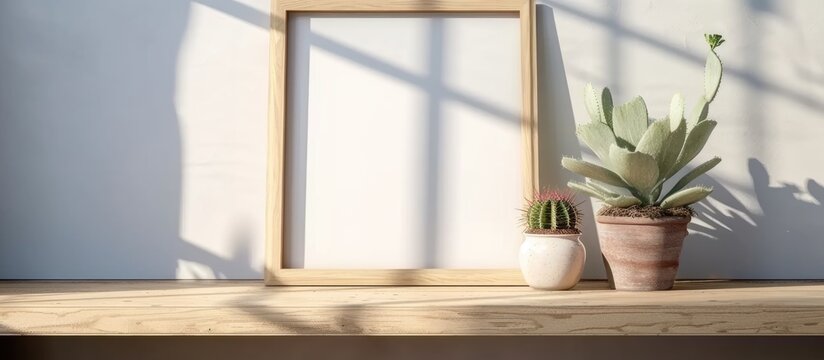 Living room wooden frame mockup with cactus pot, utilizing natural sunlight for photos, art, or presentations.