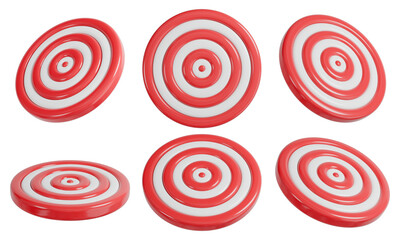 Red and white target in different angles. Isolated empty dart board. 3D rendering.