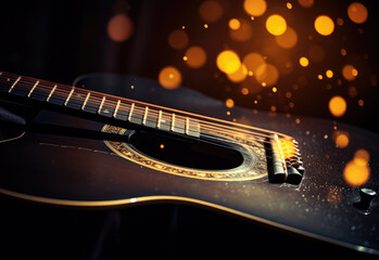 The intricate design of a guitar string instrument captures the essence of music, illuminated by a...