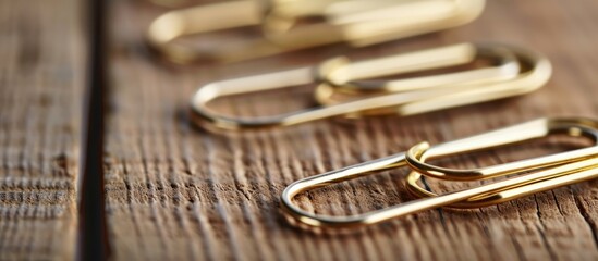 Macro shot of eight sizable paper clips on wooden desk.