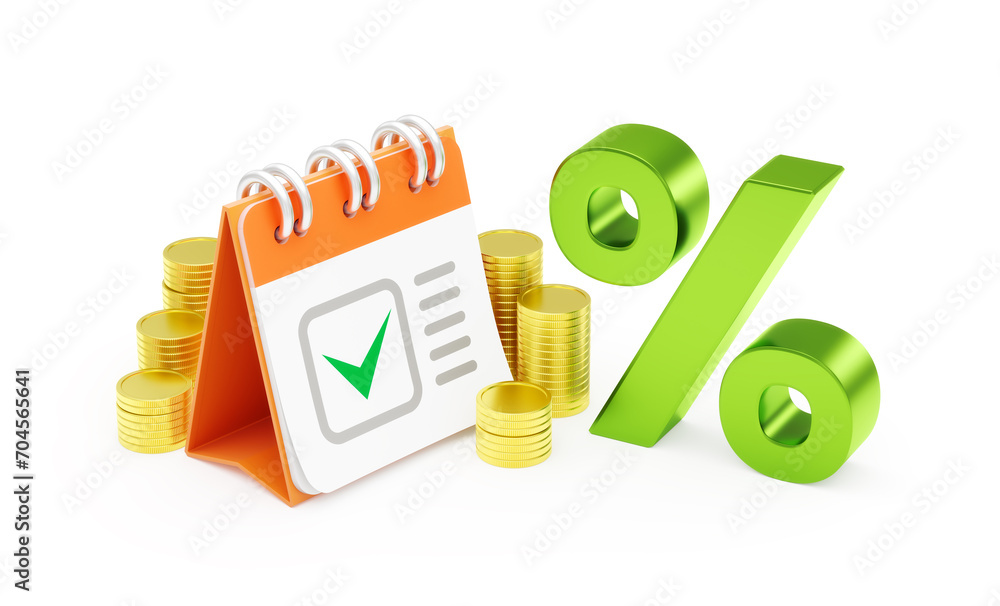Fototapete capitalization of savings on schedule. a desk calendar in surrounding of coin stacks and all of that