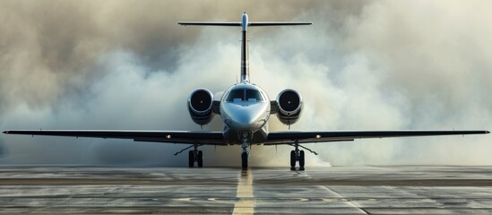 Tire smoke emitted as a private business jet landed at a Tennessee municipal airport. - obrazy, fototapety, plakaty
