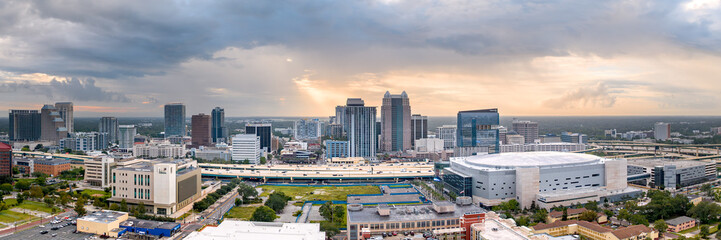 Aerial wide panoramic view of downtown Orlando, Florida, USA. August 8, 2023
