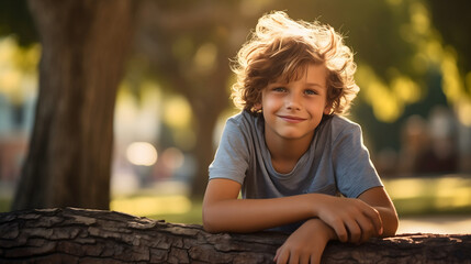 Happy smiling young boy with curly hair standing in the sunny city park in summer or spring daytime, male child wearing a gray t-shirt and looking at the camera. Trees blurred in the background