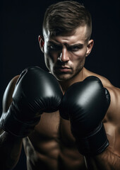muscular handsome male boxer in boxing gloves on a black background, studio photo, portrait of an athlete, training, face, brutal, strong man