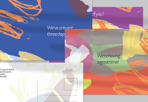 Postcard Layout with Hand Drawn Abstract Brush Strokes and Floral Elements