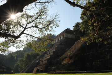 First sun light on Temple of the Inscriptions/Templo de las Inscripciones in the early morning,...