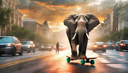 African elephant rides a skateboard along the city avenue