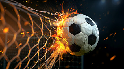 Fiery soccer ball piercing and breaking the net of a soccer goal, black background