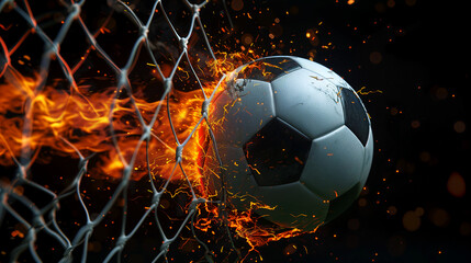 Fiery soccer ball piercing and breaking the net of a soccer goal, black background