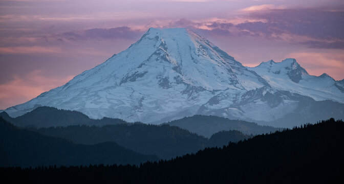 panoramic view of Mount baker in Washington state just before sunset.,with beautiful mountain range.