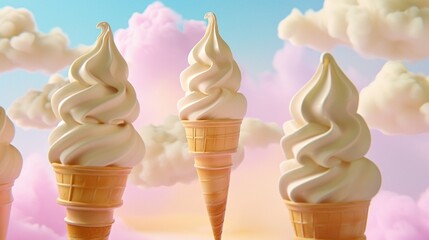 ice cream cones, Enter a whimsical space where ice cream swirl cones become a visual delight of food art against a pastel background with airy clouds
